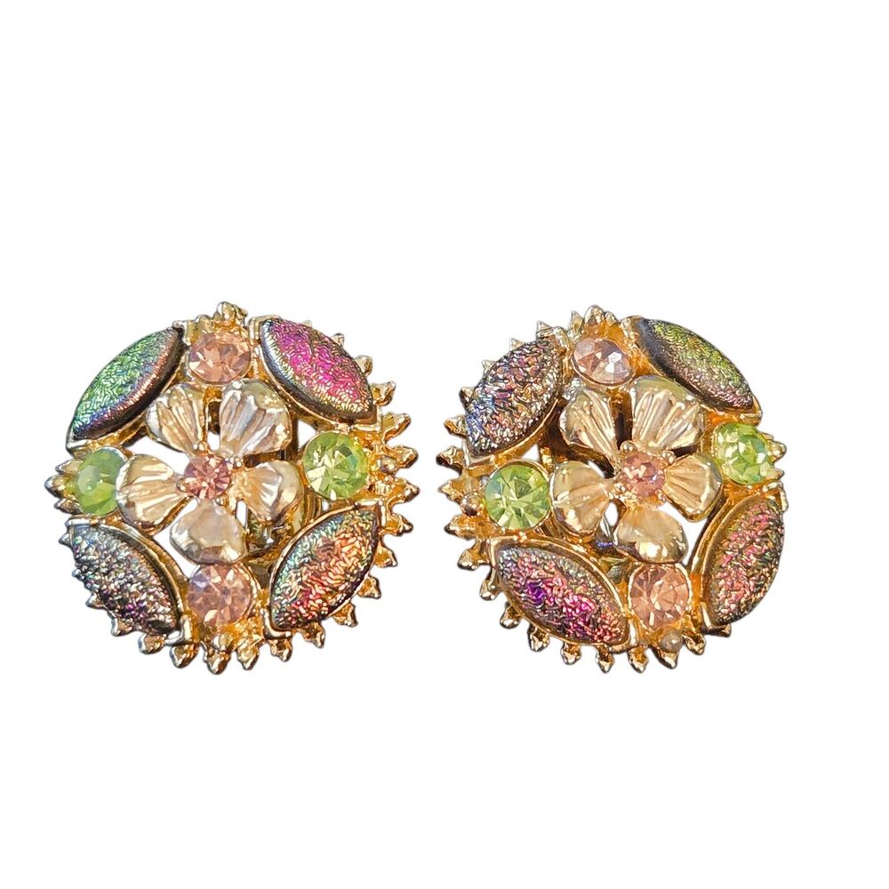 Florenza Signed VTG Iridescent Lava Rock & Uranium Crystal Clip On Earrings 1"d